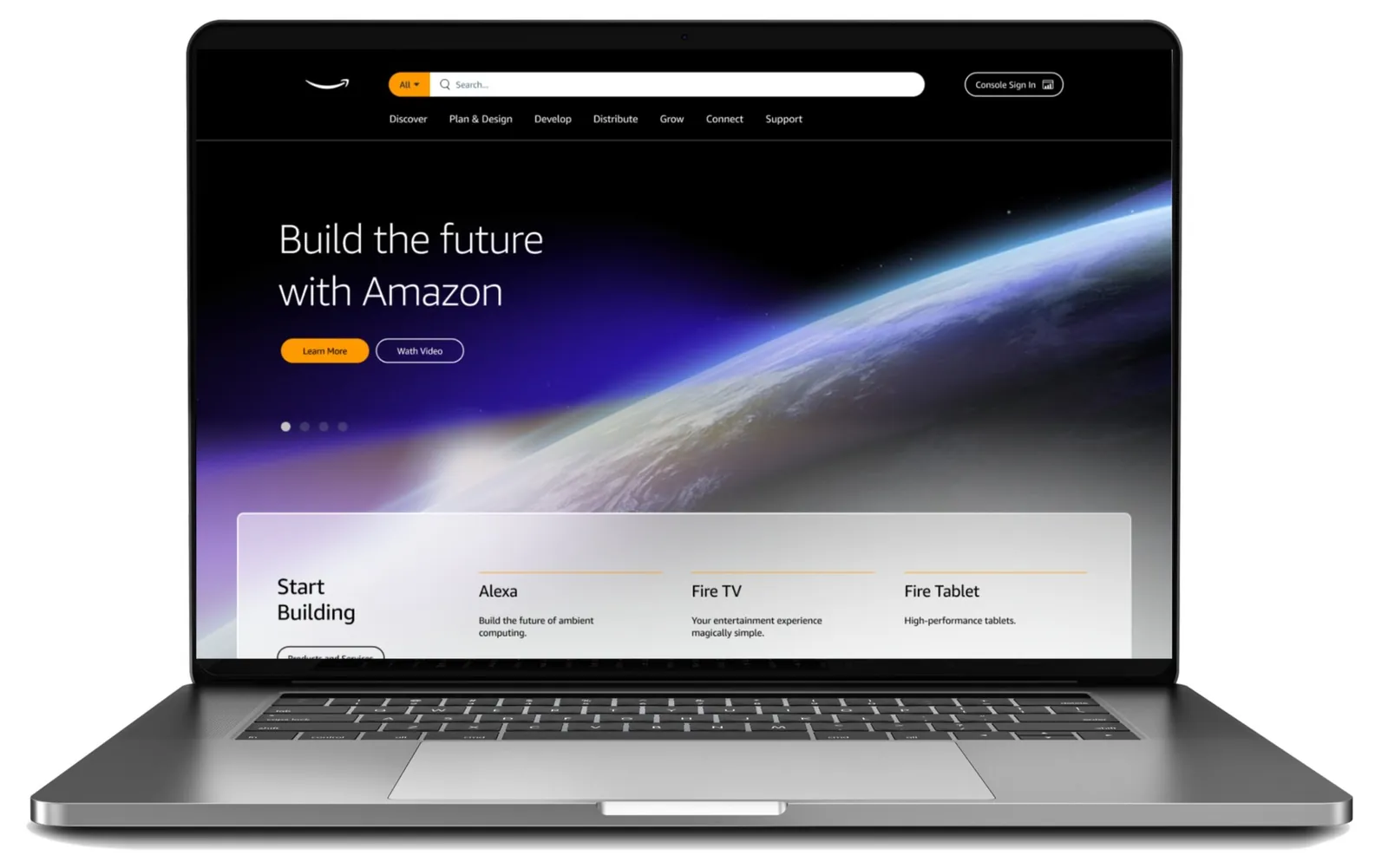 Amazon developer microsite homepage on a laptop