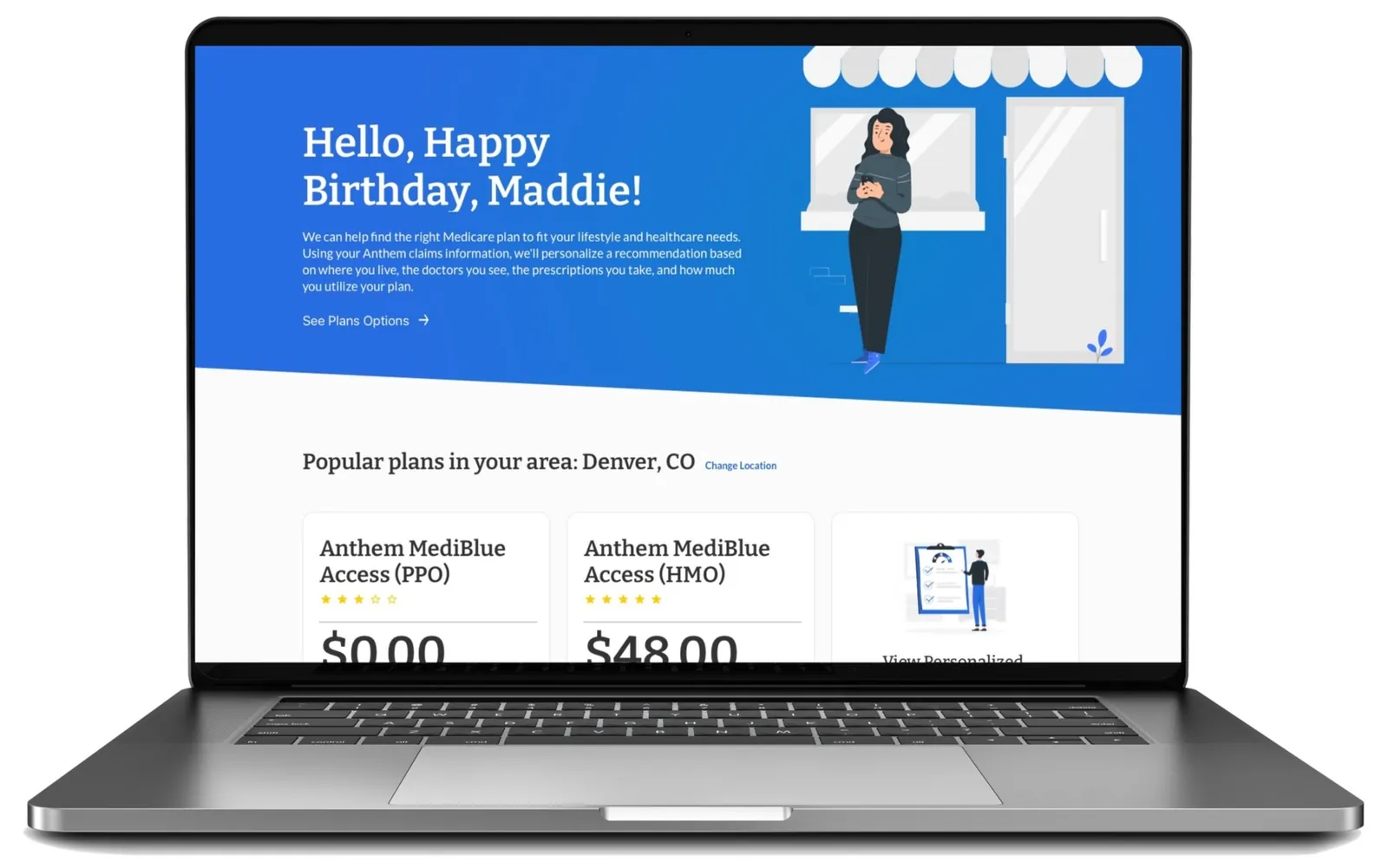 Personalized Medicare landing page greeting a customer by name, with popular plans in their area