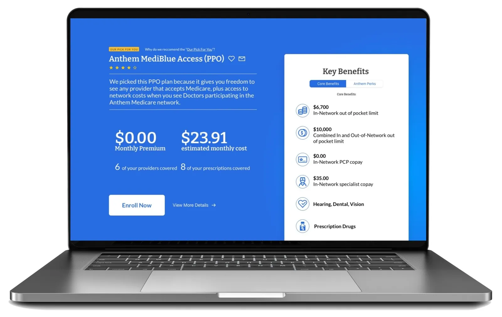 Plan recommendation showing monthly premium, estimated costs and key benefits