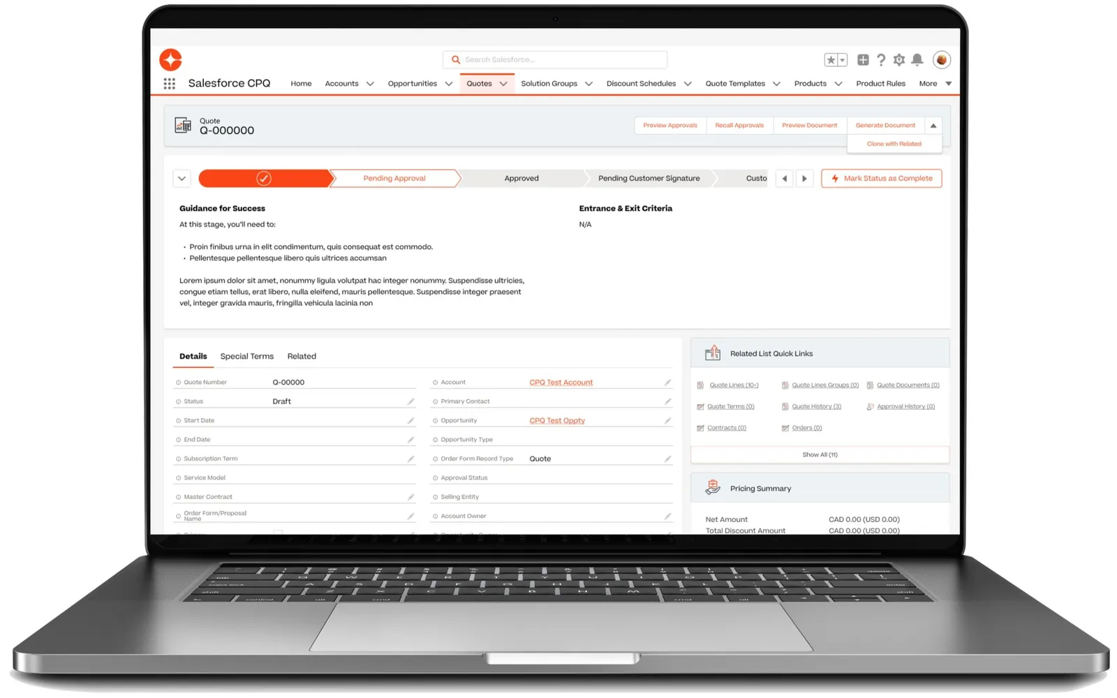 Branded Salesforce quote dashboard on a laptop