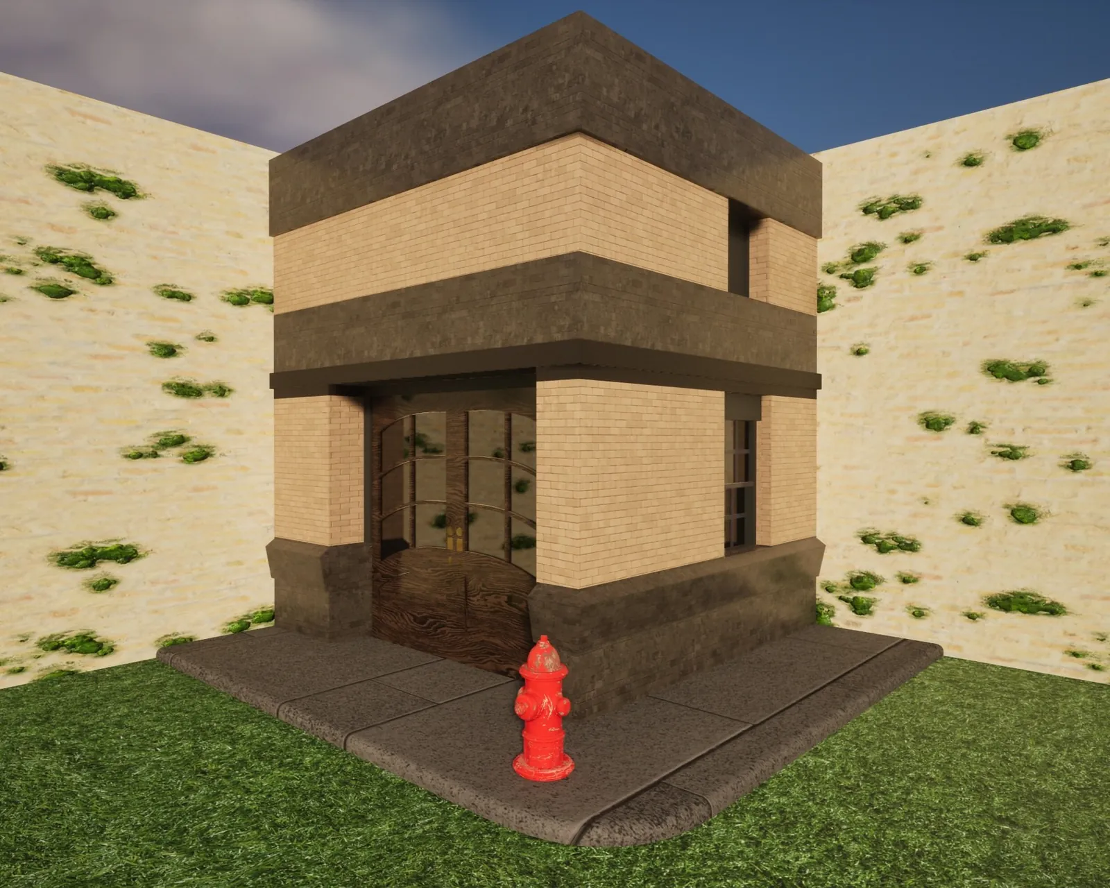 3D model of a small brick building with a red fire hydrant