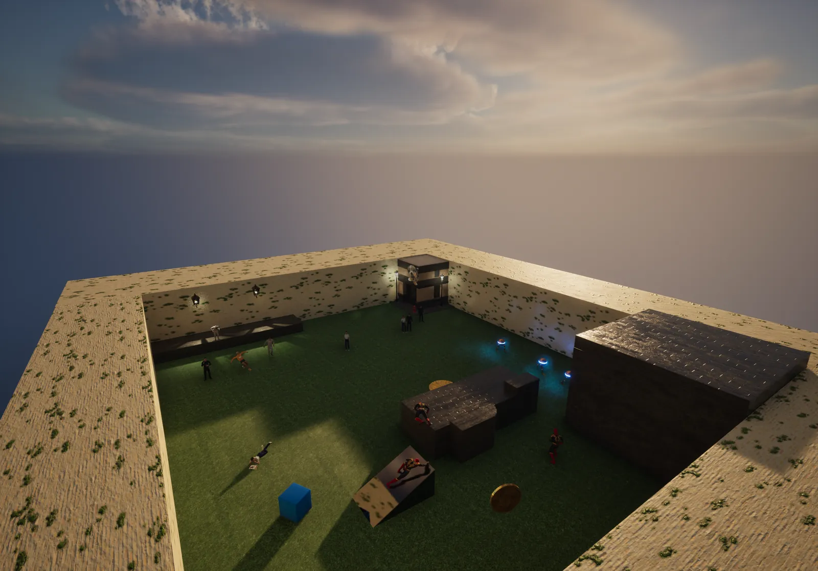 The same game level viewed from above at dusk