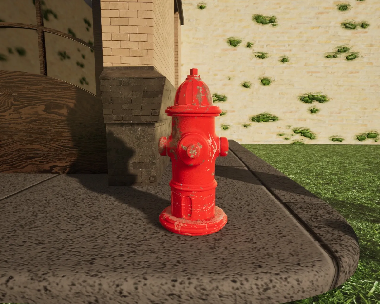 Close-up of a 3D modeled red fire hydrant on a sidewalk